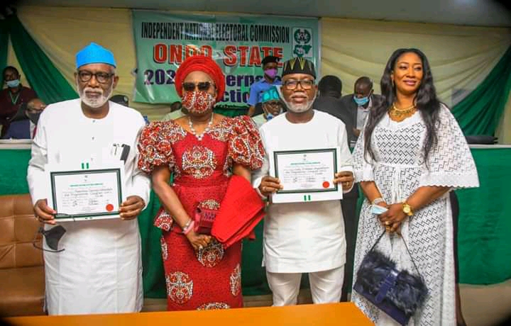 Ondo 2020: INEC presents Certificates of return to Akeredolu, Aiyedatiwa